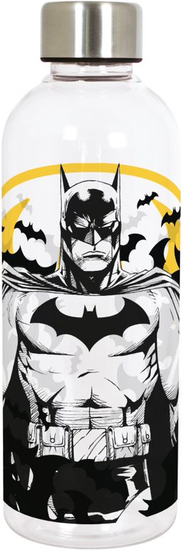 Batman vizes palack. Fekete-fehér Batman illusztráció sárga denevérekkel és egy sárga félholddal.