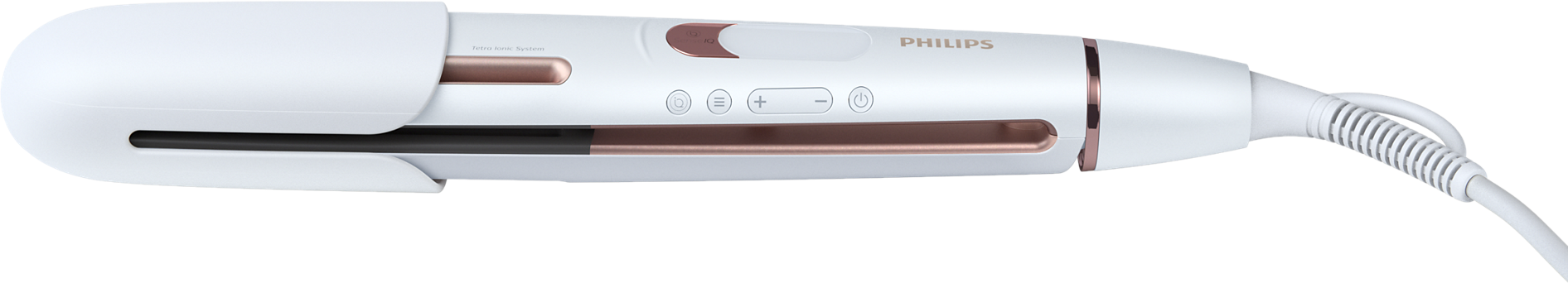 Ein weißer und roségoldener Philips Lockenstab. Er hat Steuertasten und ein Netzkabel.