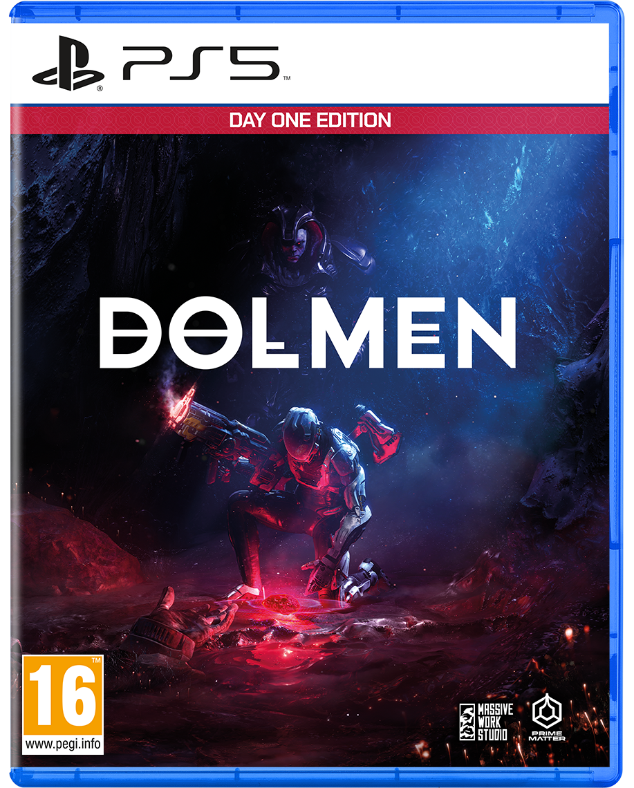 Een PS5-gamecase met de titel 'DOLMEN', met sci-fi art met een figuur en rode verlichting.