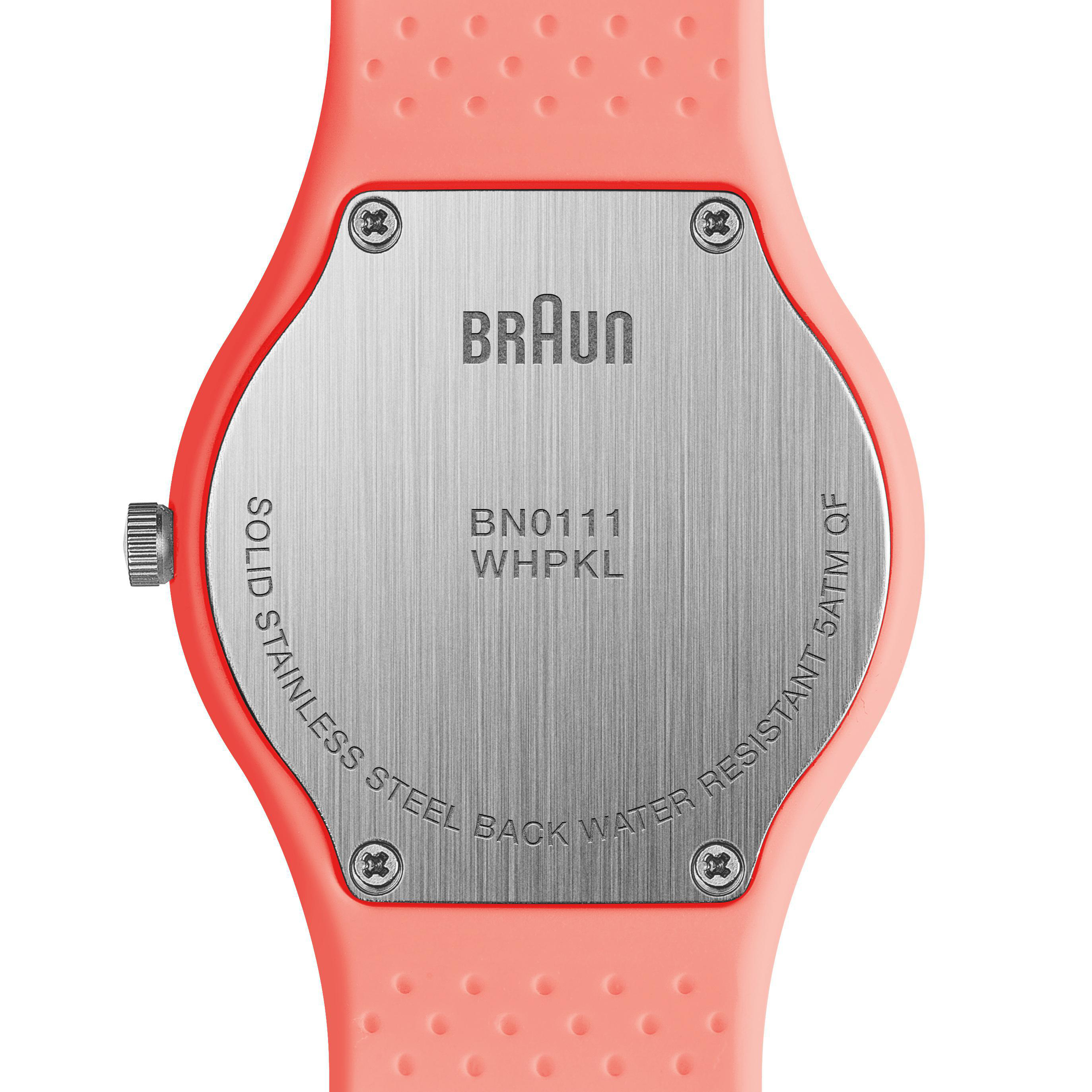 Pinke Uhr mit silbernem Zifferblatt. Die Rückseite ist pink, mit Markennamen.