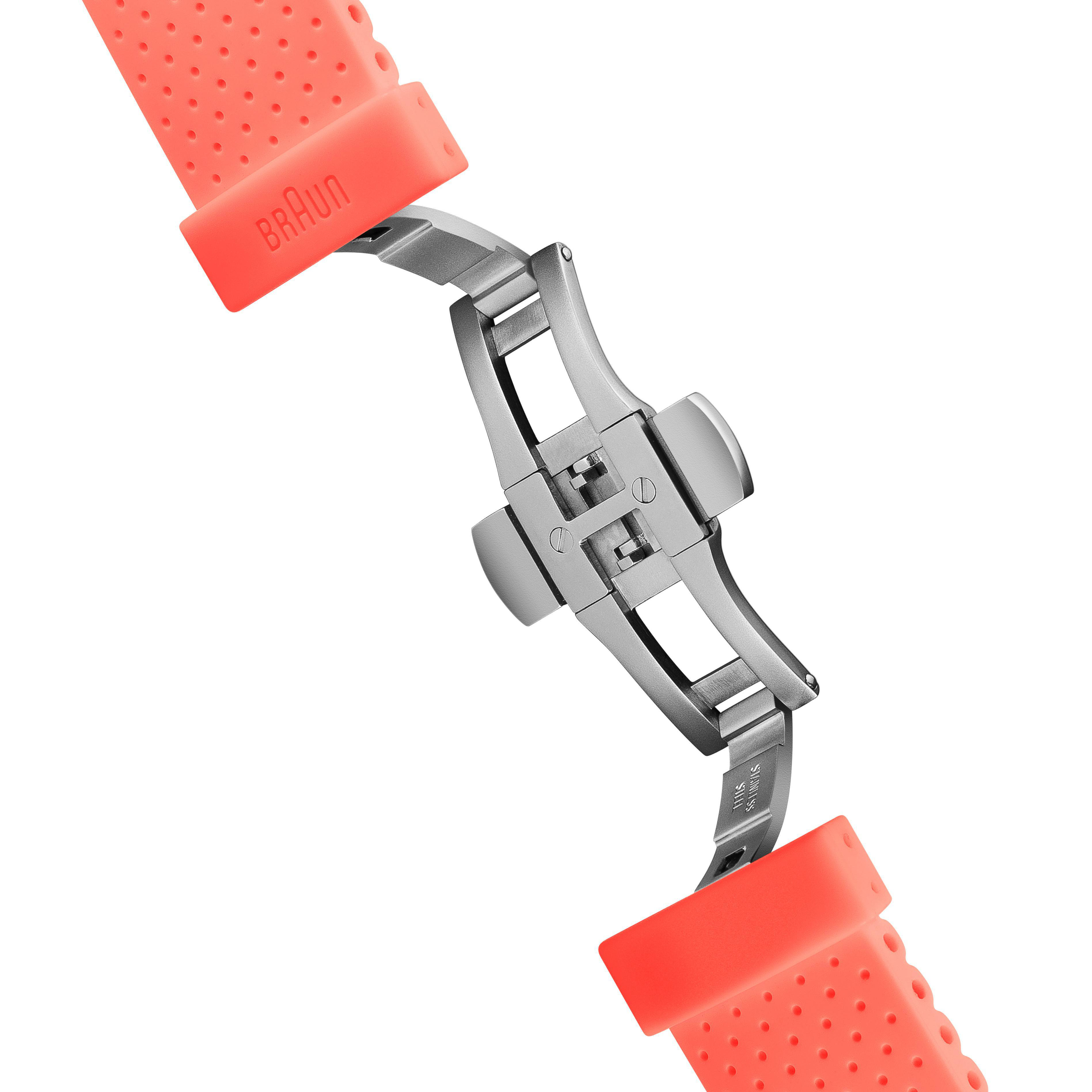 Pinkes Braun-Uhrenarmband mit silberner Schließe, vor weißem Hintergrund.