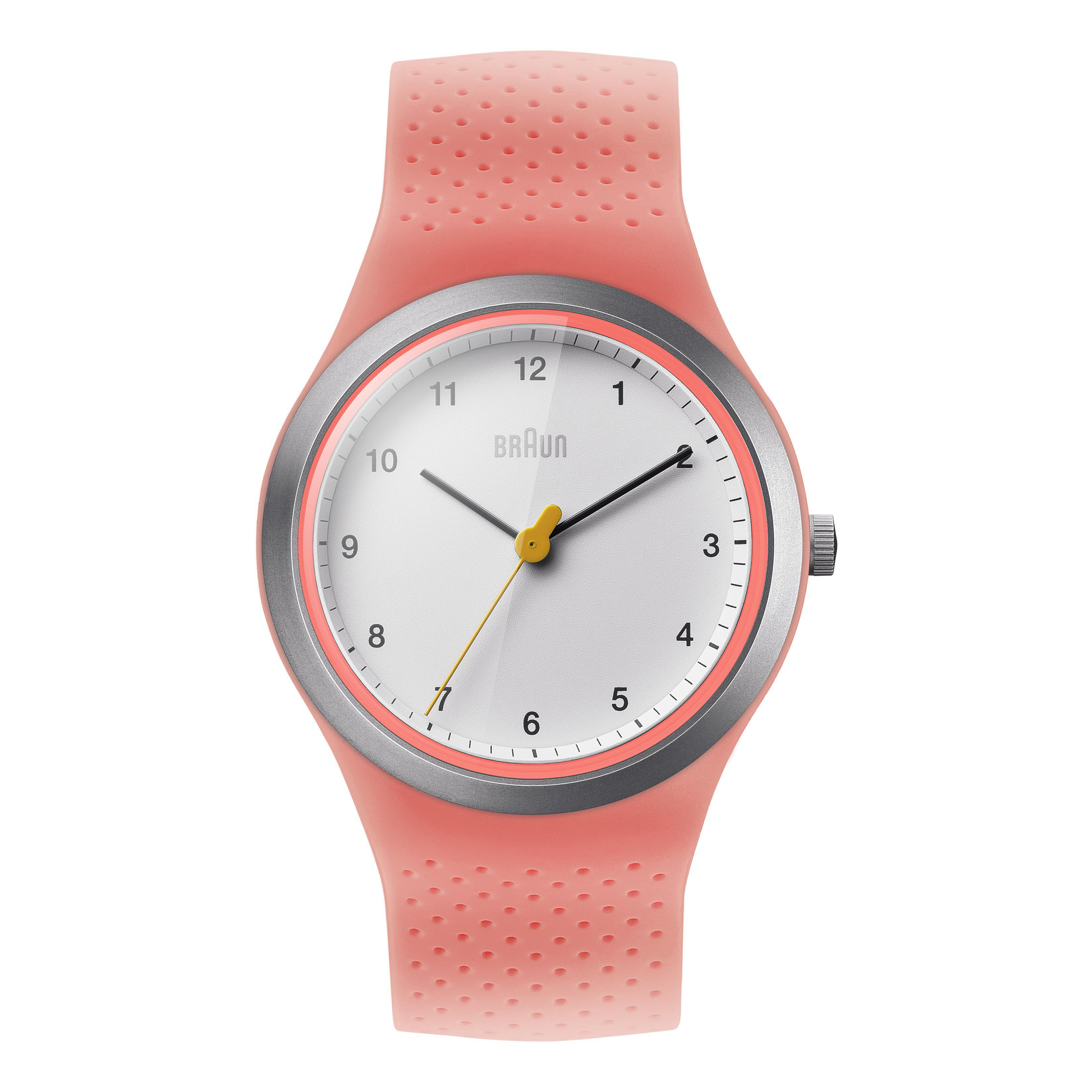 Pinke Uhr mit weißem Zifferblatt und silberner Lünette. Schwarze und gelbe Zeiger.