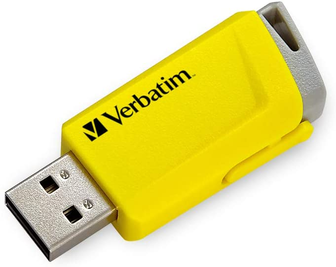 Gelber Verbatim USB-Stick mit grauem Schieber auf weißem Hintergrund.