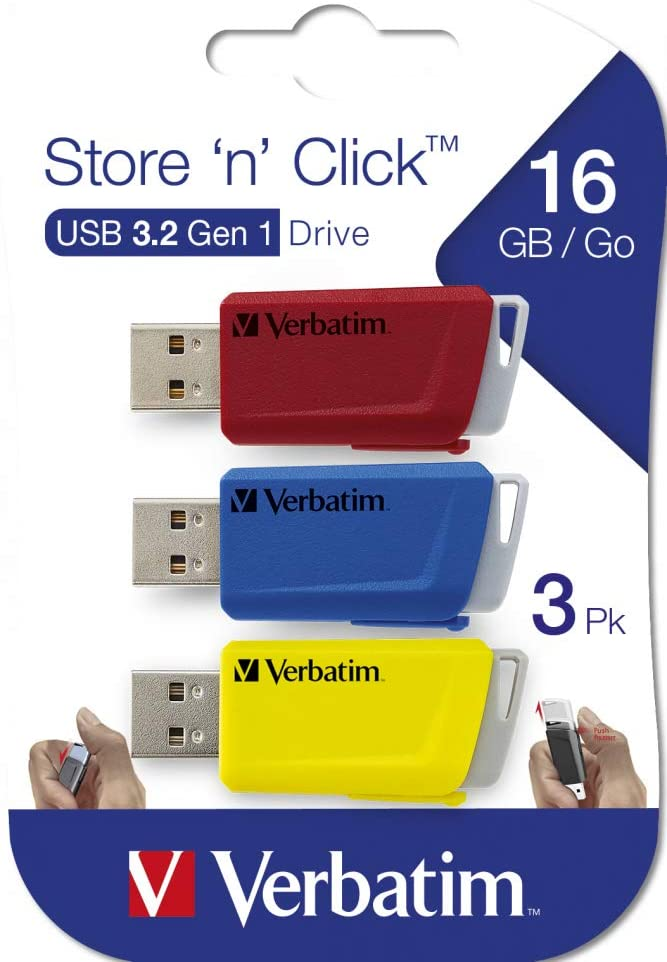 Drei USB-Laufwerke: Rot, Blau und Gelb, auf weißem Hintergrund, in einer Verpackung.
