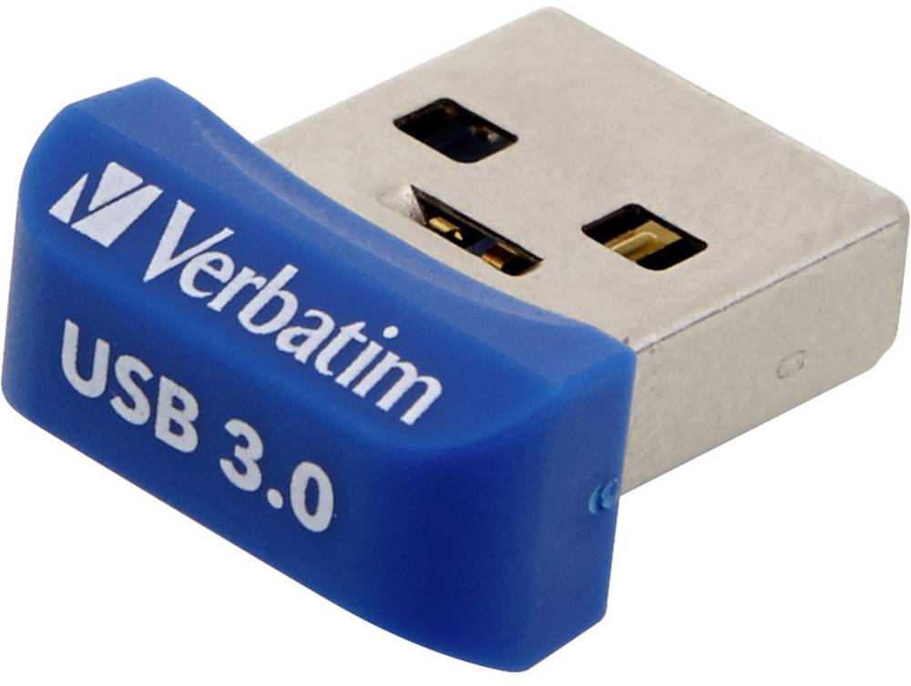 Ein blauer Verbatim USB 3.0-Stick mit weißem Text. Er steckt in einem USB-Anschluss.