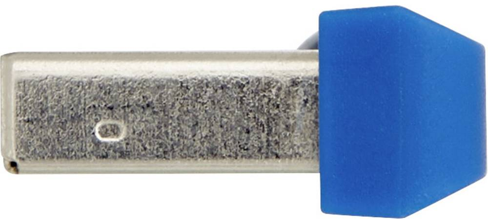 Ein USB-Stick mit silbernem Metallkörper und blauer Kunststoffspitze.