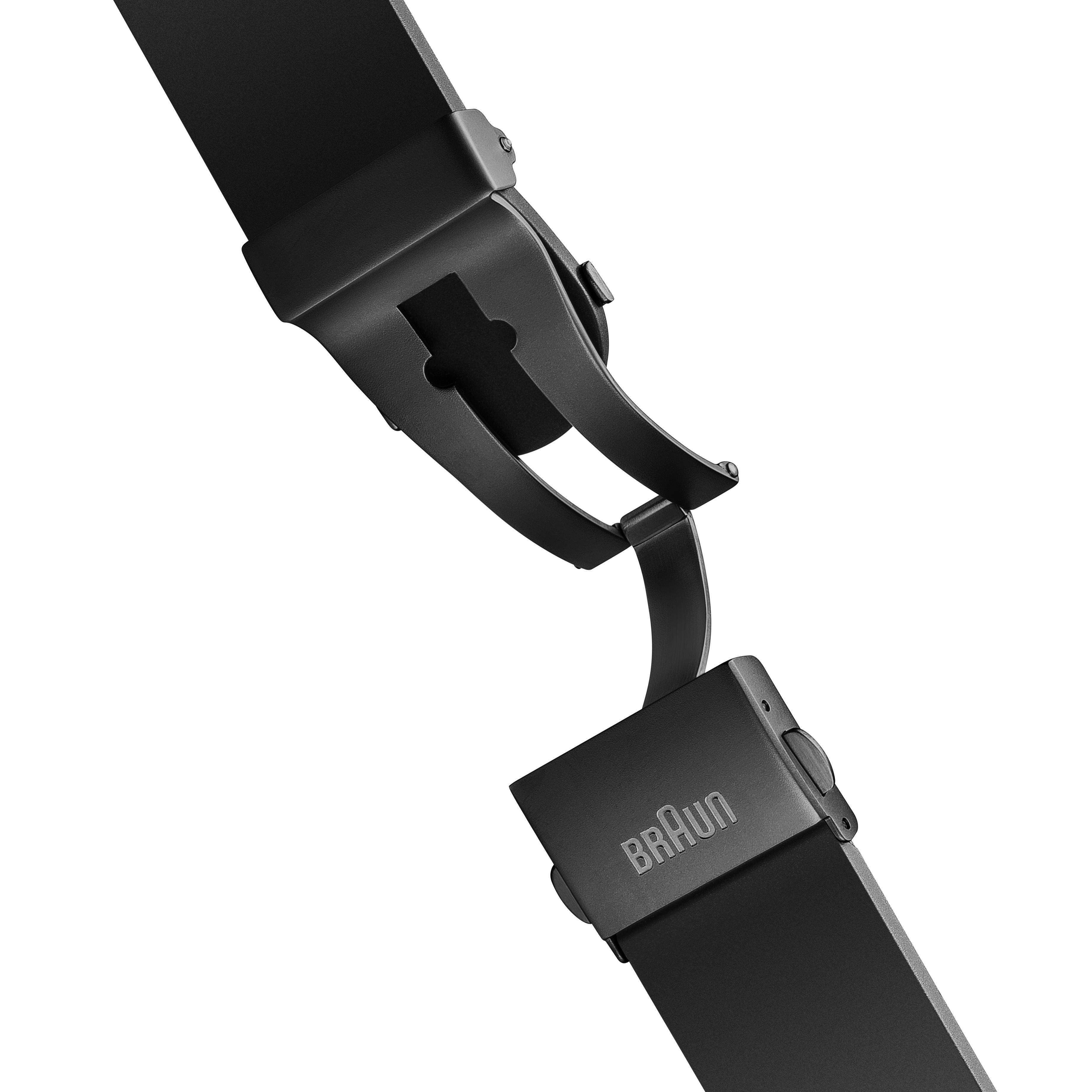Ein schwarzes Uhrenarmband mit einem schwarzen Metallverschluss.