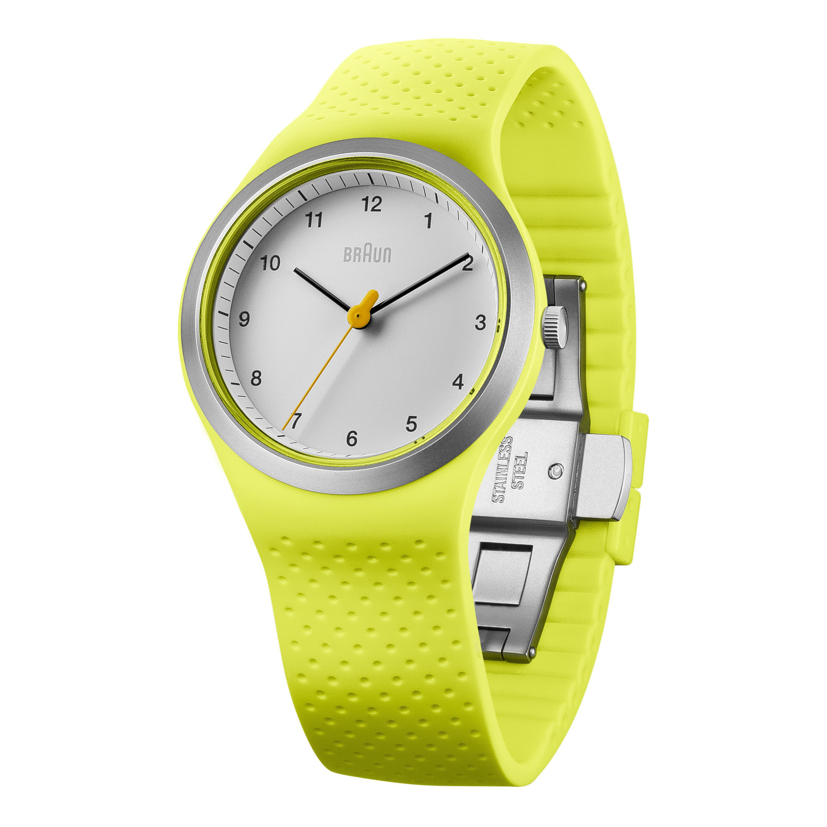 Gelbe Braun-Uhr mit weißem Zifferblatt und gelbem Armband.