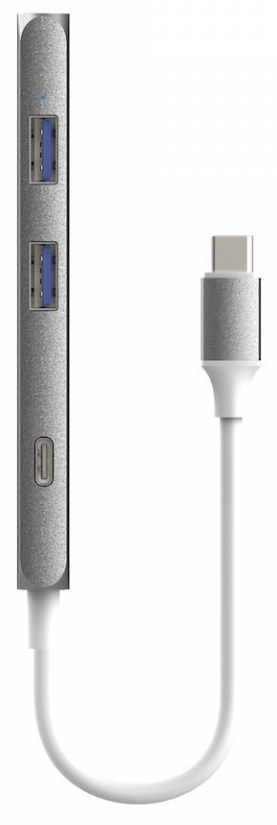 Zilveren USB-hub met twee USB-poorten, een USB-C-poort en een witte kabel.