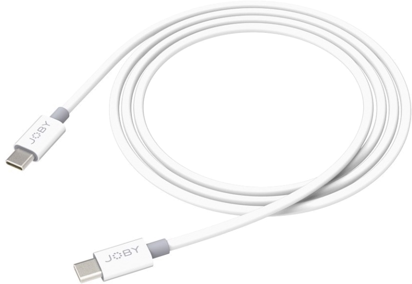 Câble USB-C blanc enroulé sur fond noir. La marque JOEY est visible sur les connecteurs.