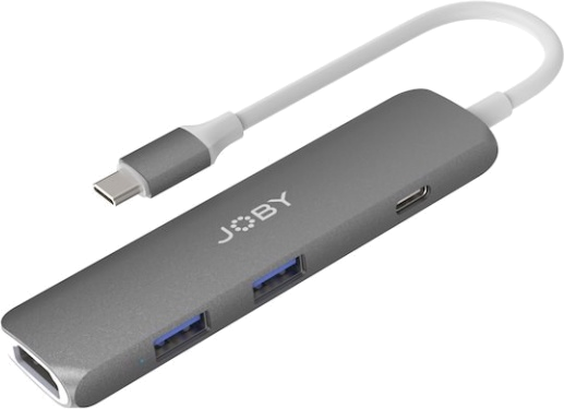 Grijze USB-hub. Heeft USB- en HDMI-poorten en een USB-C-connector. Merknaam is Joby.