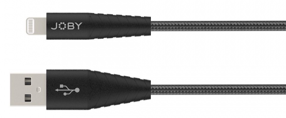 Câble USB-C vers Lightning noir. Arrière-plan : blanc.