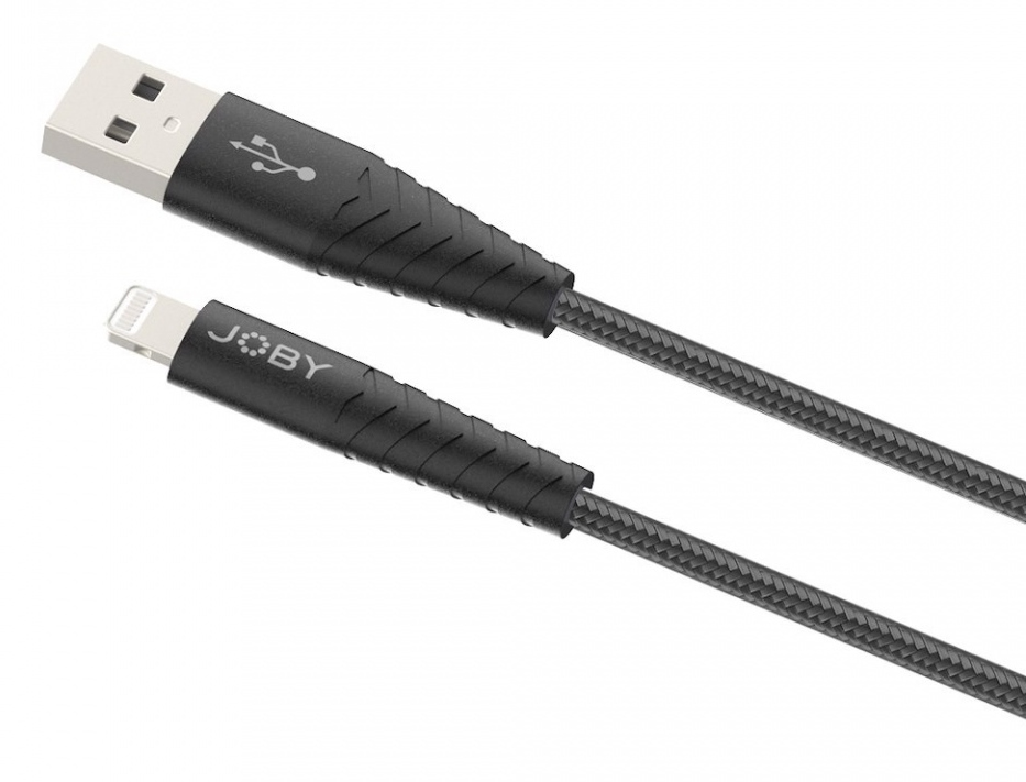 Câble USB vers Lightning noir avec le logo Joby.