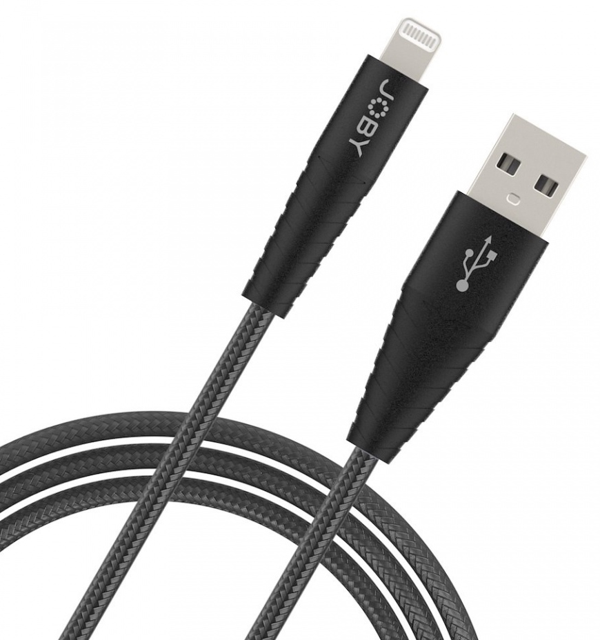 Câble USB vers Lightning noir avec la marque JOBy, sur fond blanc.