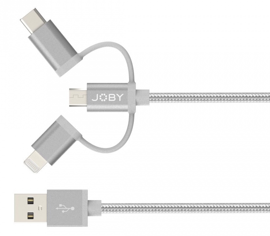 Un câble argenté tressé avec trois connecteurs : USB, Lightning et USB-C.