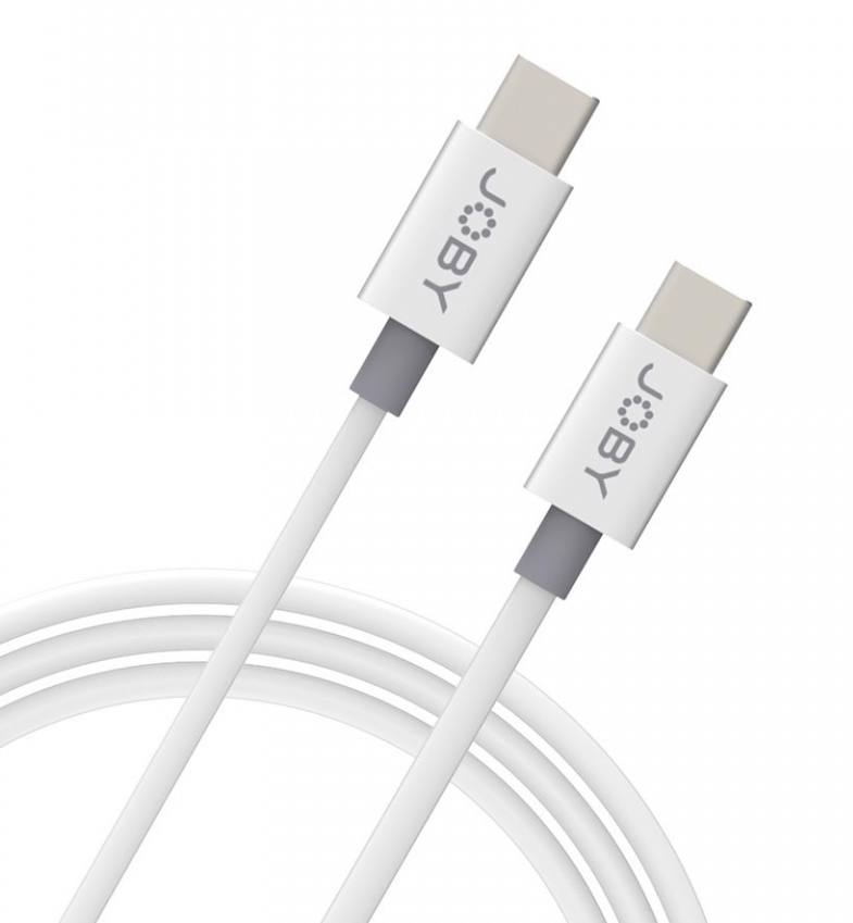 Deux câbles USB-C JOBY blancs avec des connecteurs gris, bien rangés.