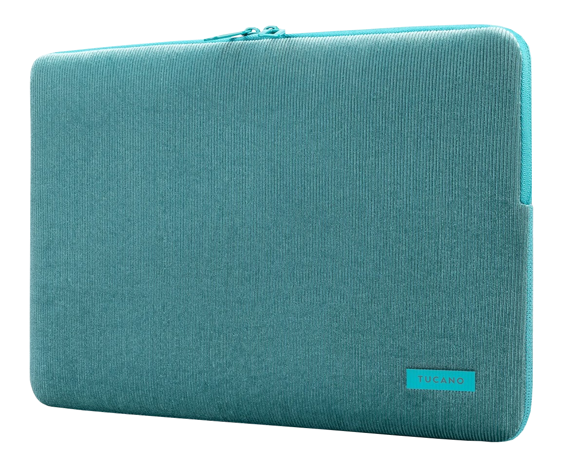 Custodia per laptop in velluto a coste turchese. Cerniera e etichetta blu. Custodia protettiva.
