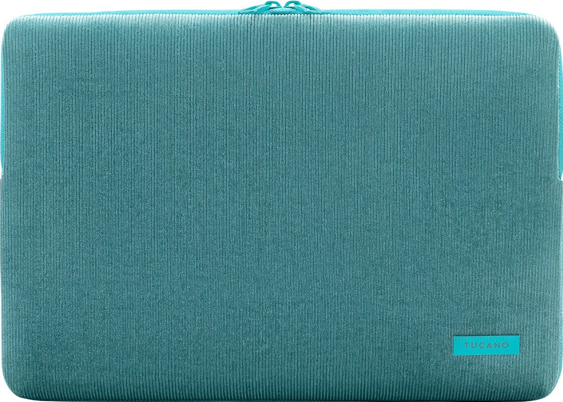 Custodia per laptop in velluto a coste turchese. Cerniera superiore, logo.