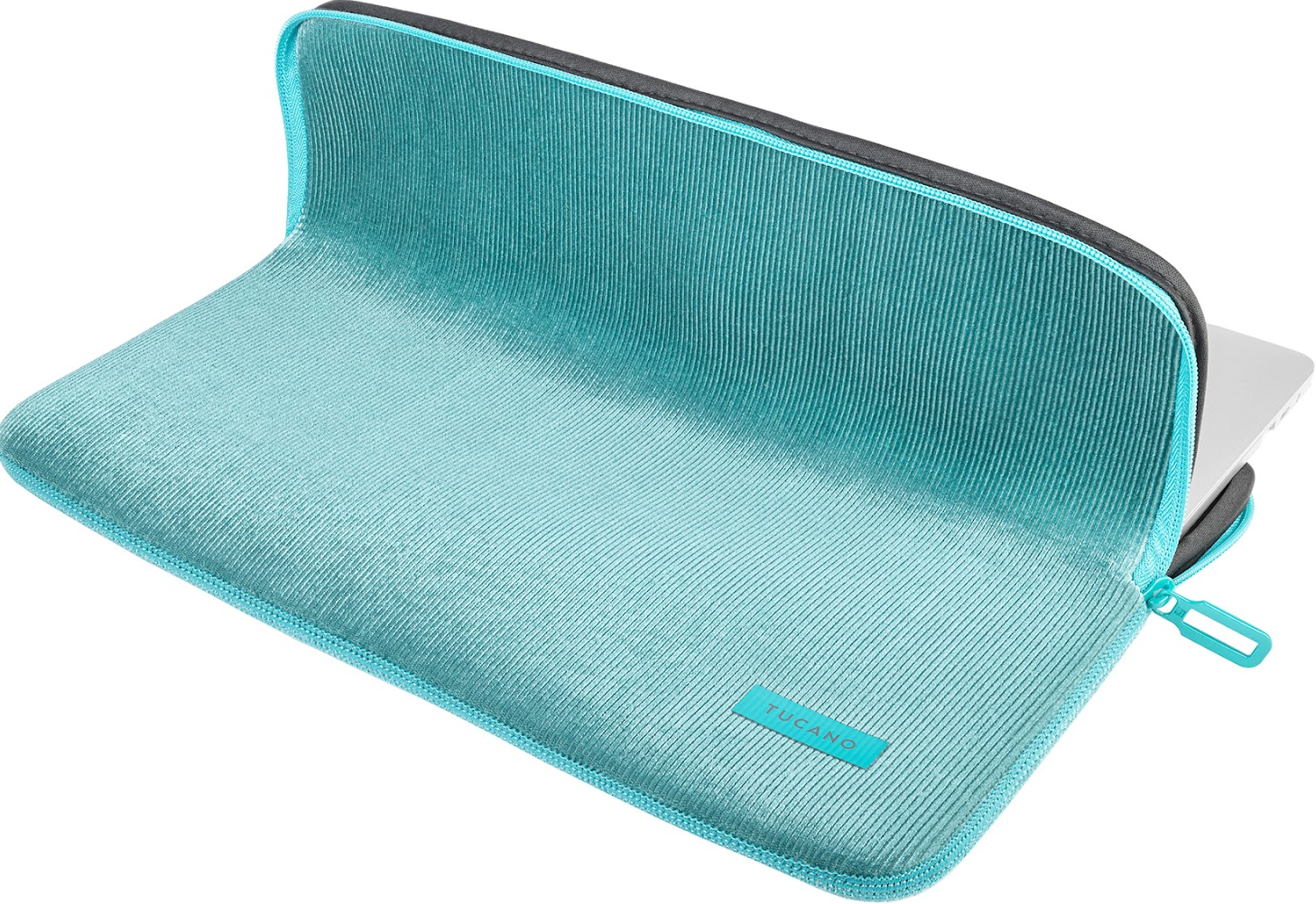 Custodia per laptop turchese. Rifiniture, cerniera e logo grigi. Aperta rivela un laptop.