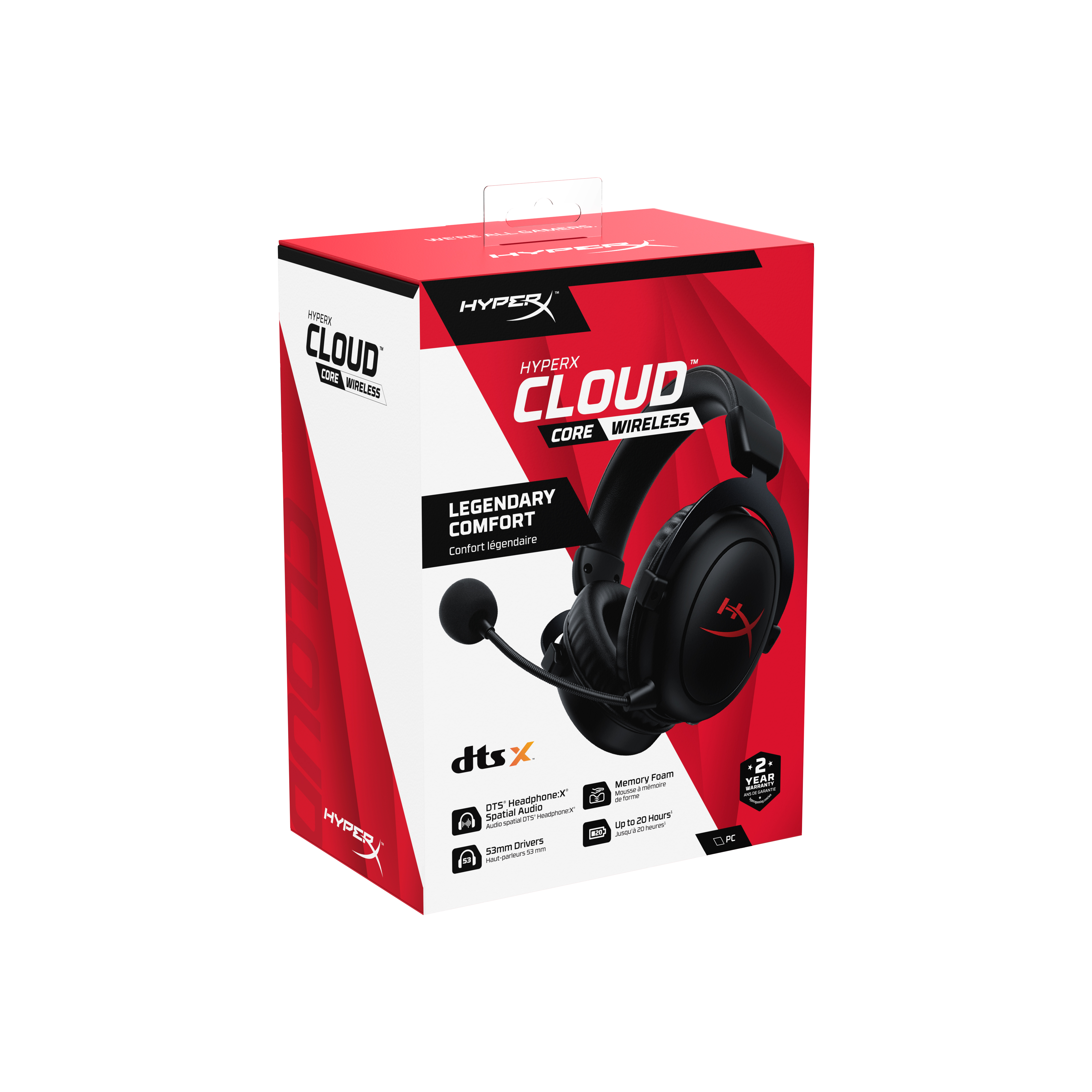 Siyah HyperX Cloud Core Wireless kulaklık kutusu. Kırmızı vurgular. Mikrofonlu siyah kulaklık.