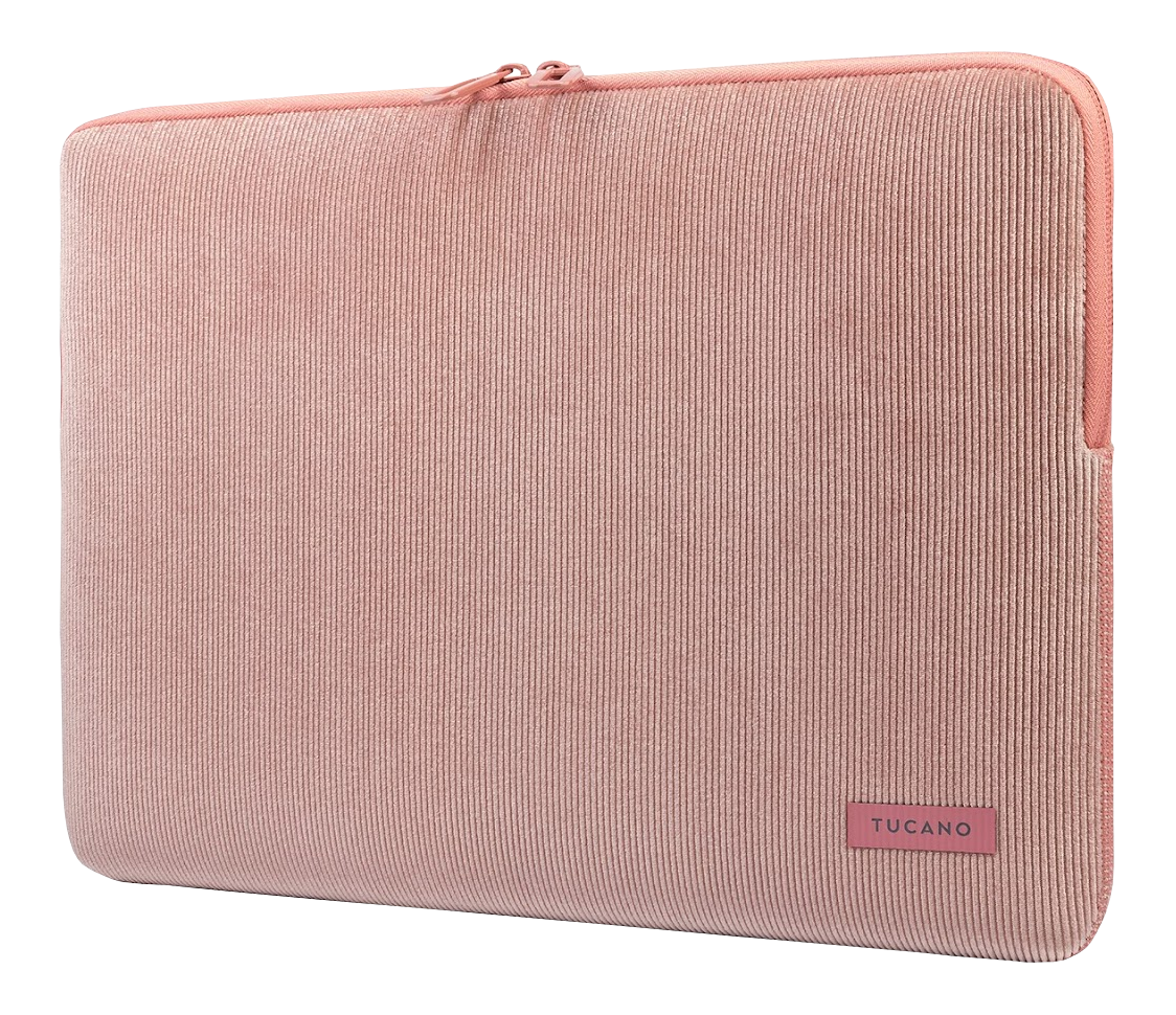 Eine rosa Cord-Laptoptasche mit einem rosa Reißverschluss und einem kleinen 'Tucano'-Etikett.