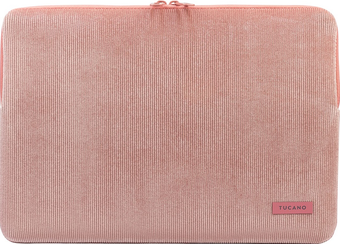 Rosa Laptop-Hülle aus Cord mit Tucano-Logo, vor weißem Hintergrund.