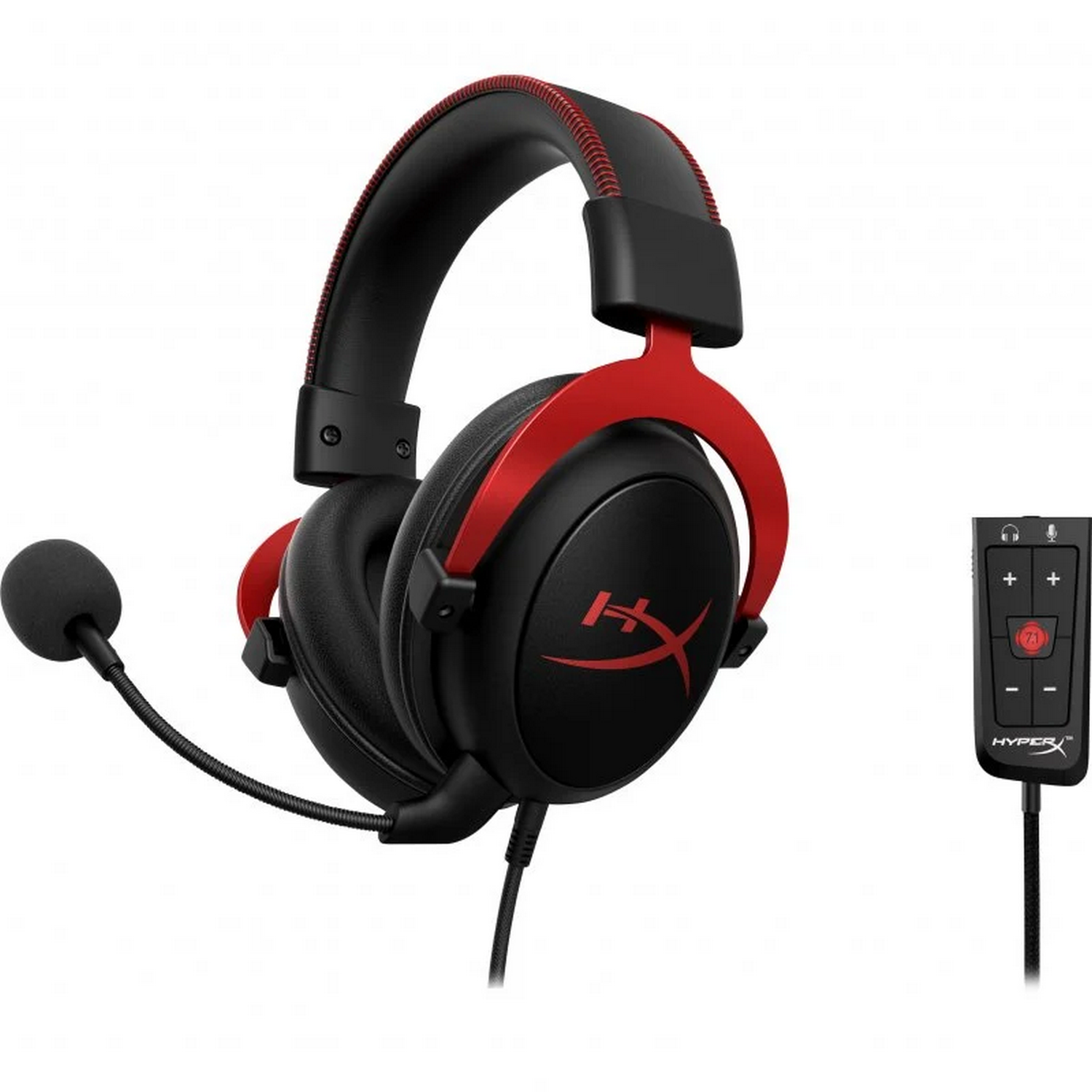 Auriculares gaming negros y rojos con micrófono y controlador.