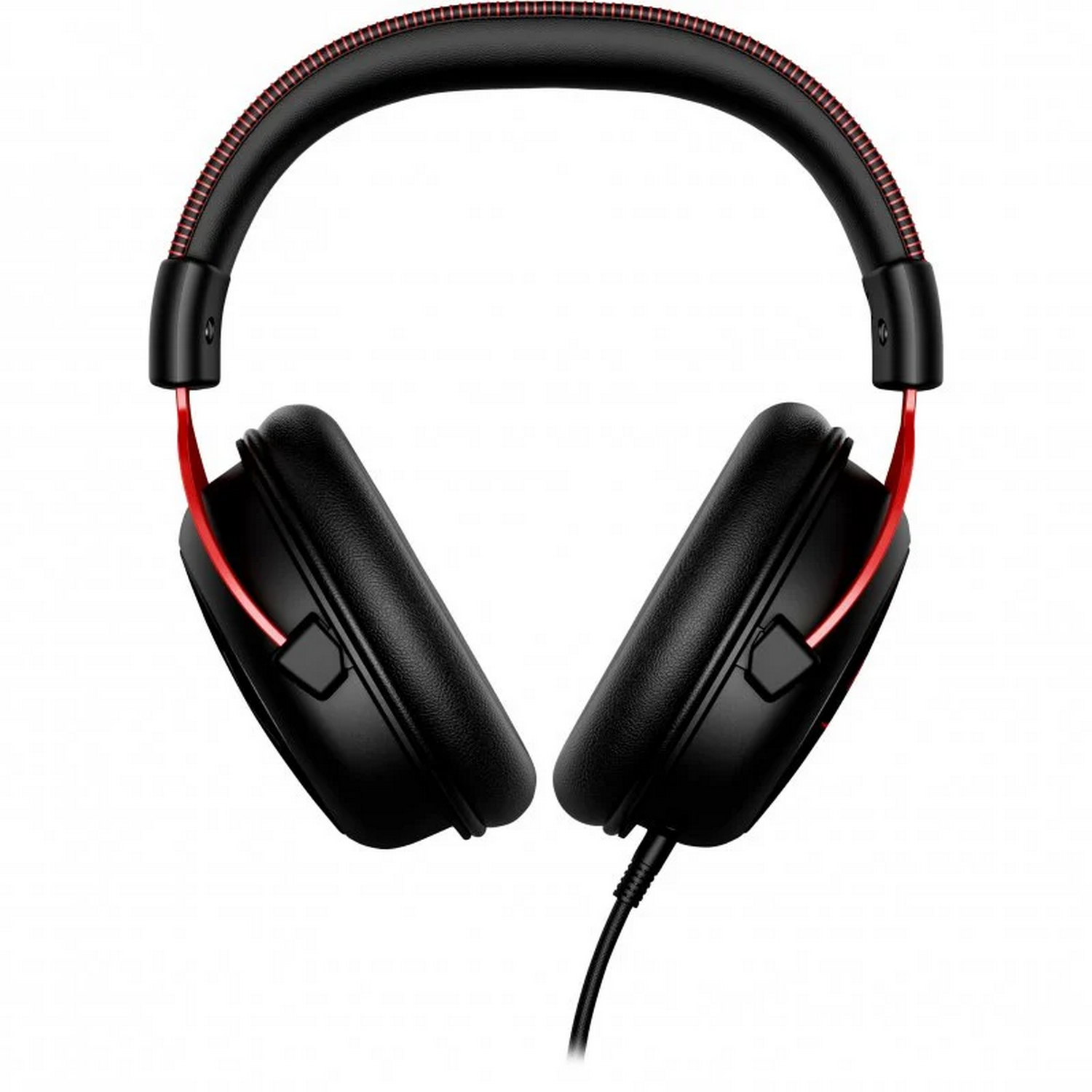 Auriculares negros con detalles rojos, vistos de frente.