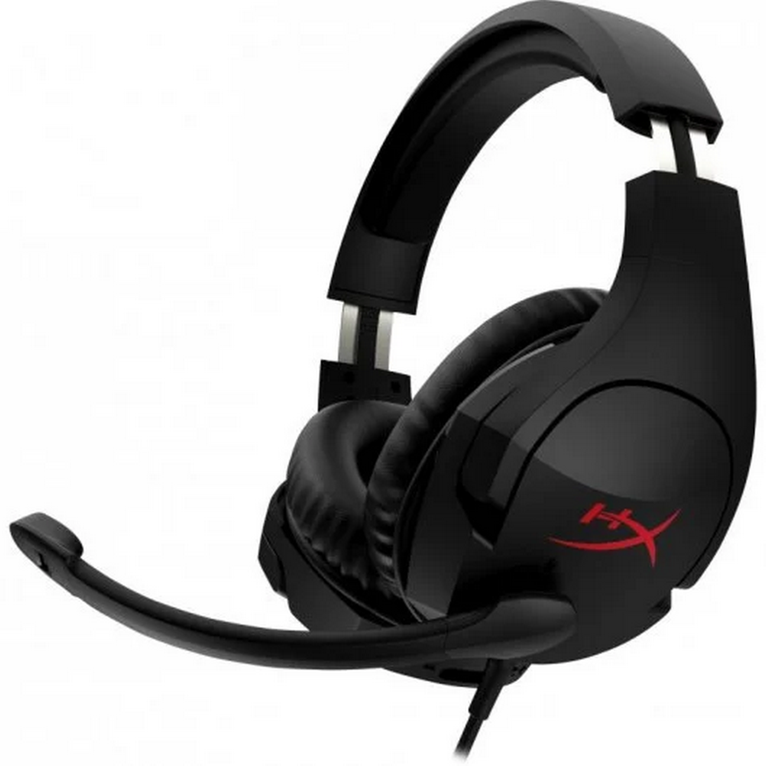 Un auricular para juegos HyperX negro con micrófono y logotipo rojo, sobre fondo blanco.