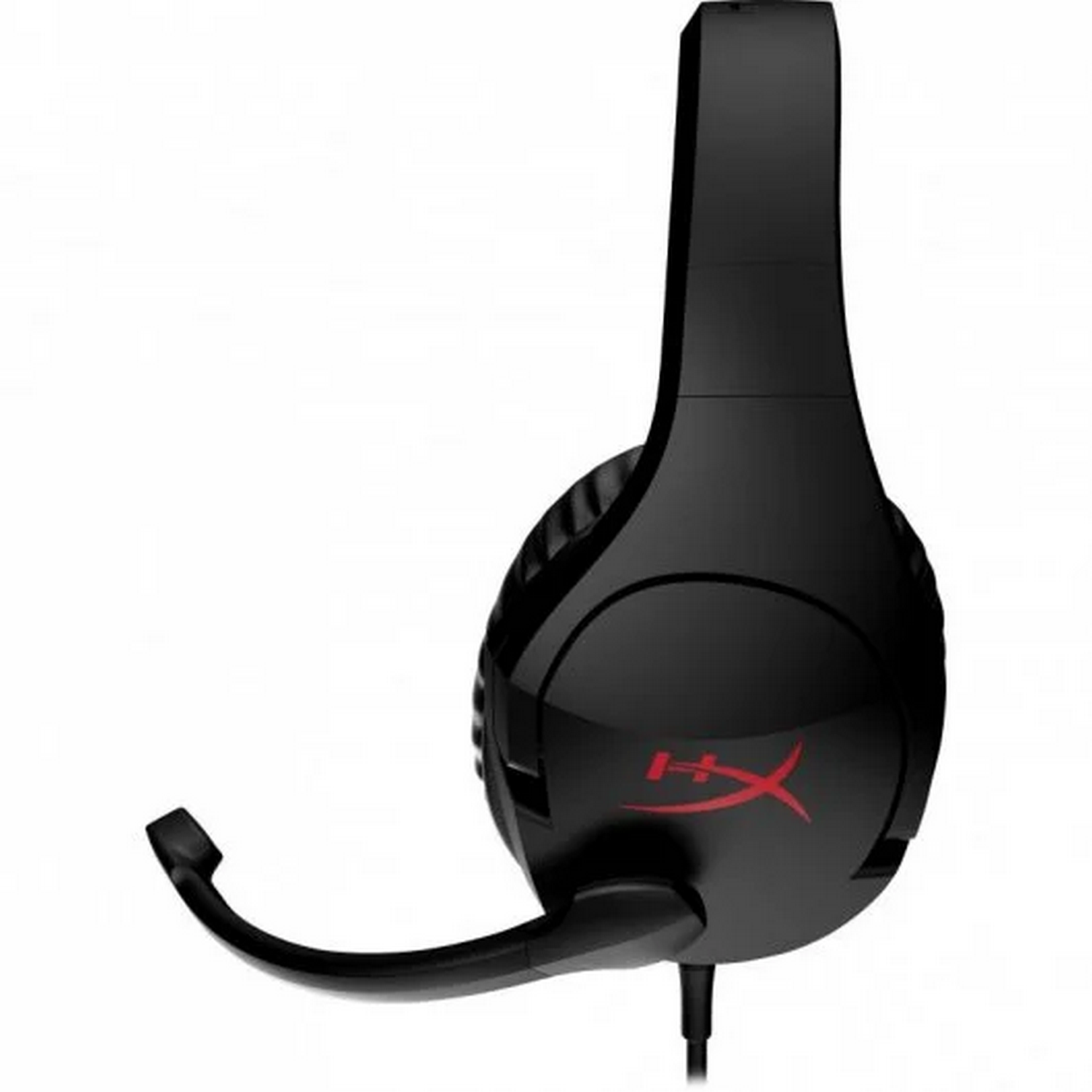 Auriculares para juegos negros con un logotipo rojo. El micrófono está adjunto y curvado. Fondo blanco.