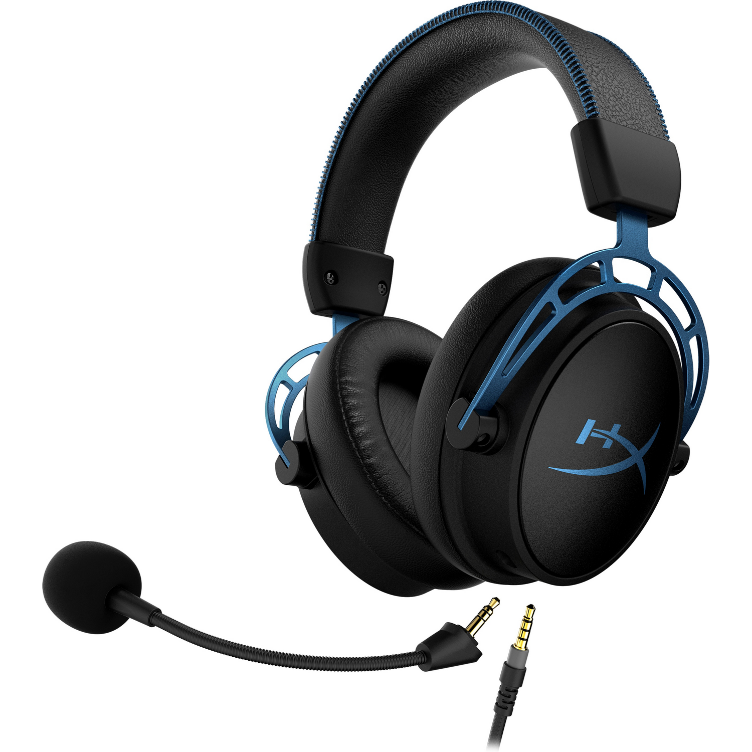 Auriculares gaming negros y azules con micrófono y cable de conexión.
