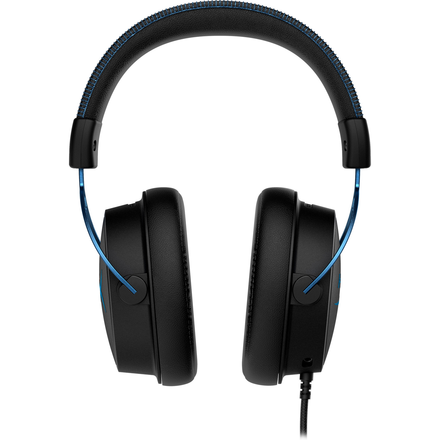 Auriculares negros con detalles azules, diadema acolchada y cable.