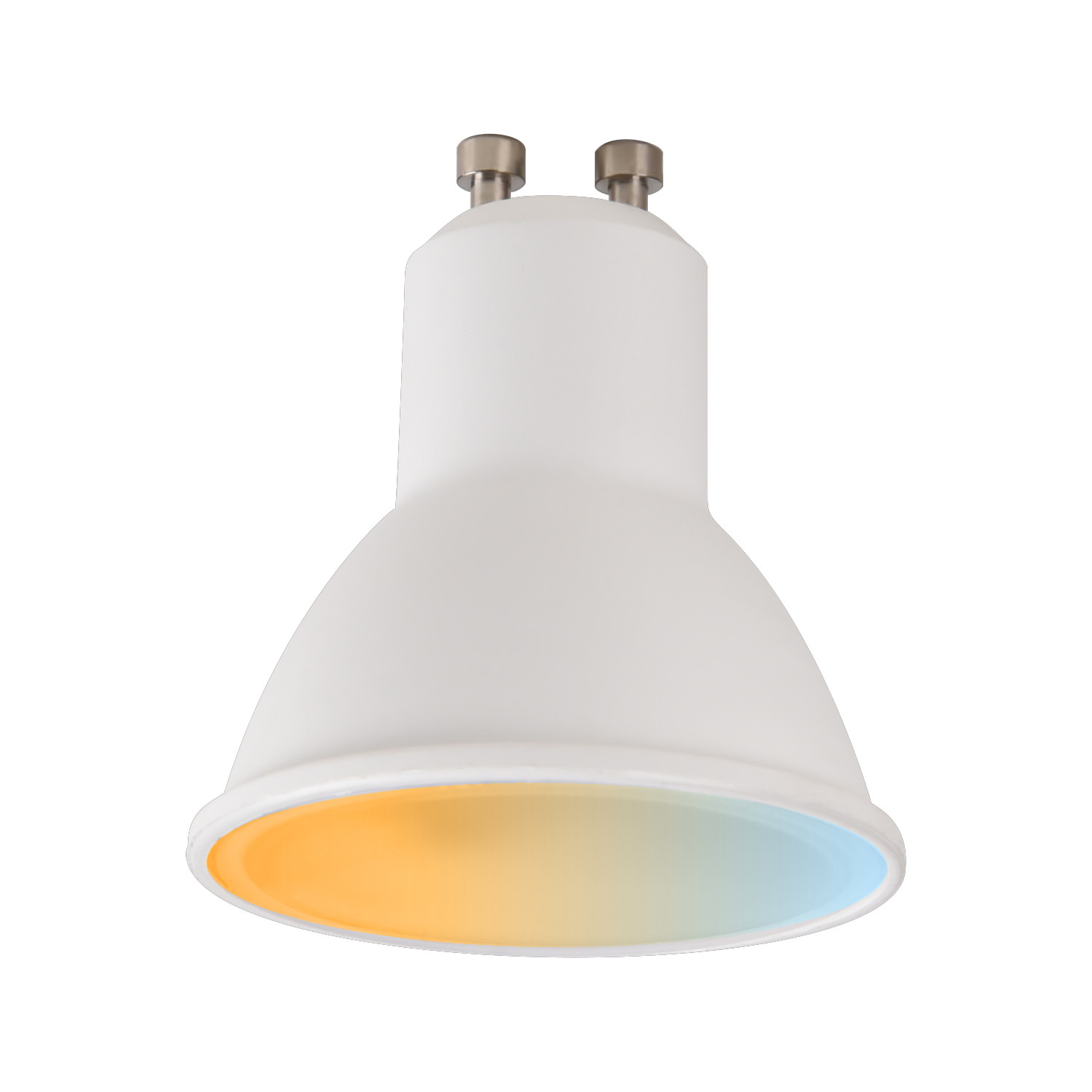 Bombilla blanca con efecto de color degradado, naranja a azul, aislada sobre blanco.