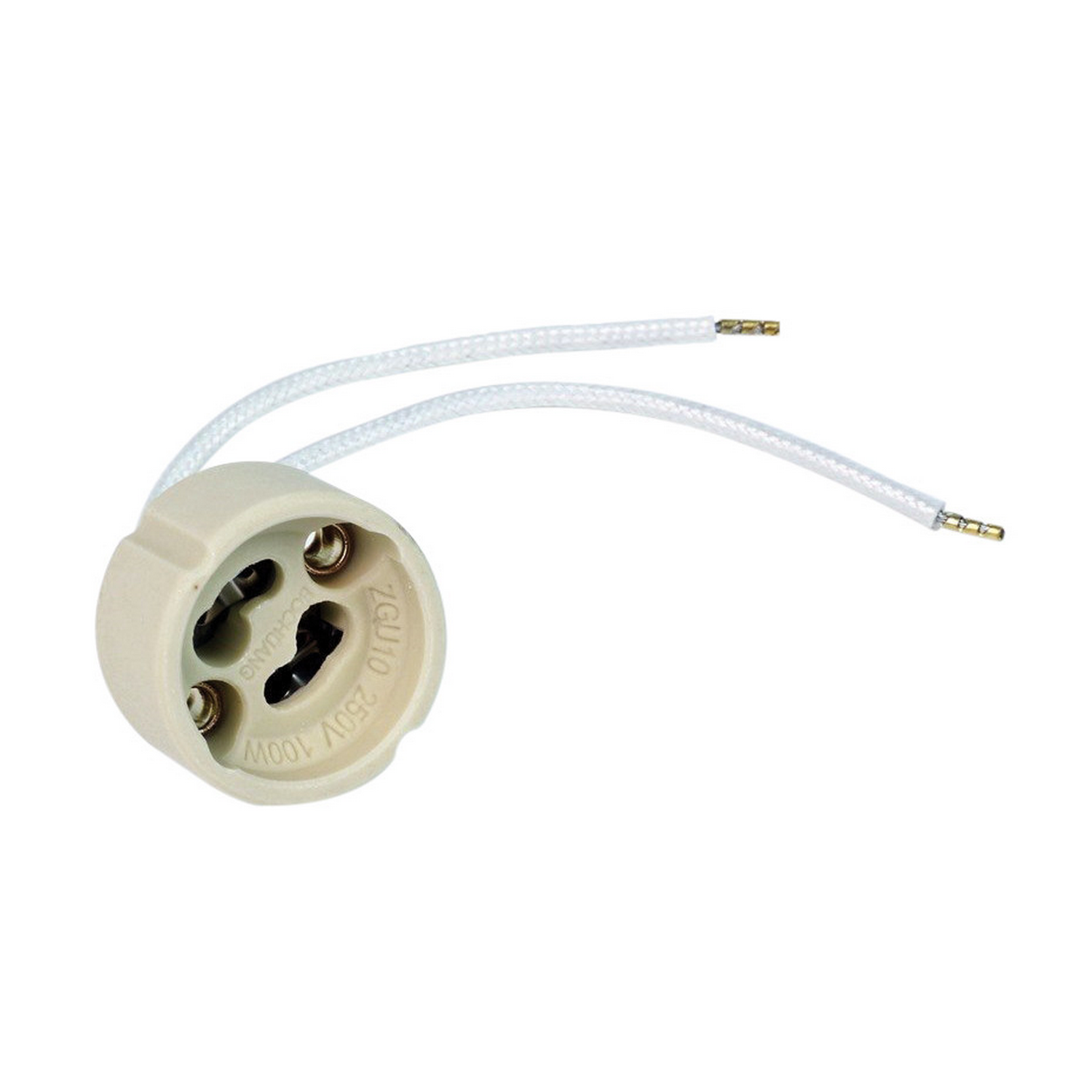 Un portalámparas beige con tres agujeros, con cables blancos que se extienden.