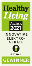 Ein Auszeichnungslogo. Es lautet: Healthy Living Awards 2021, Innovative Elektrogeräte, Kitchen, Gewinner.
