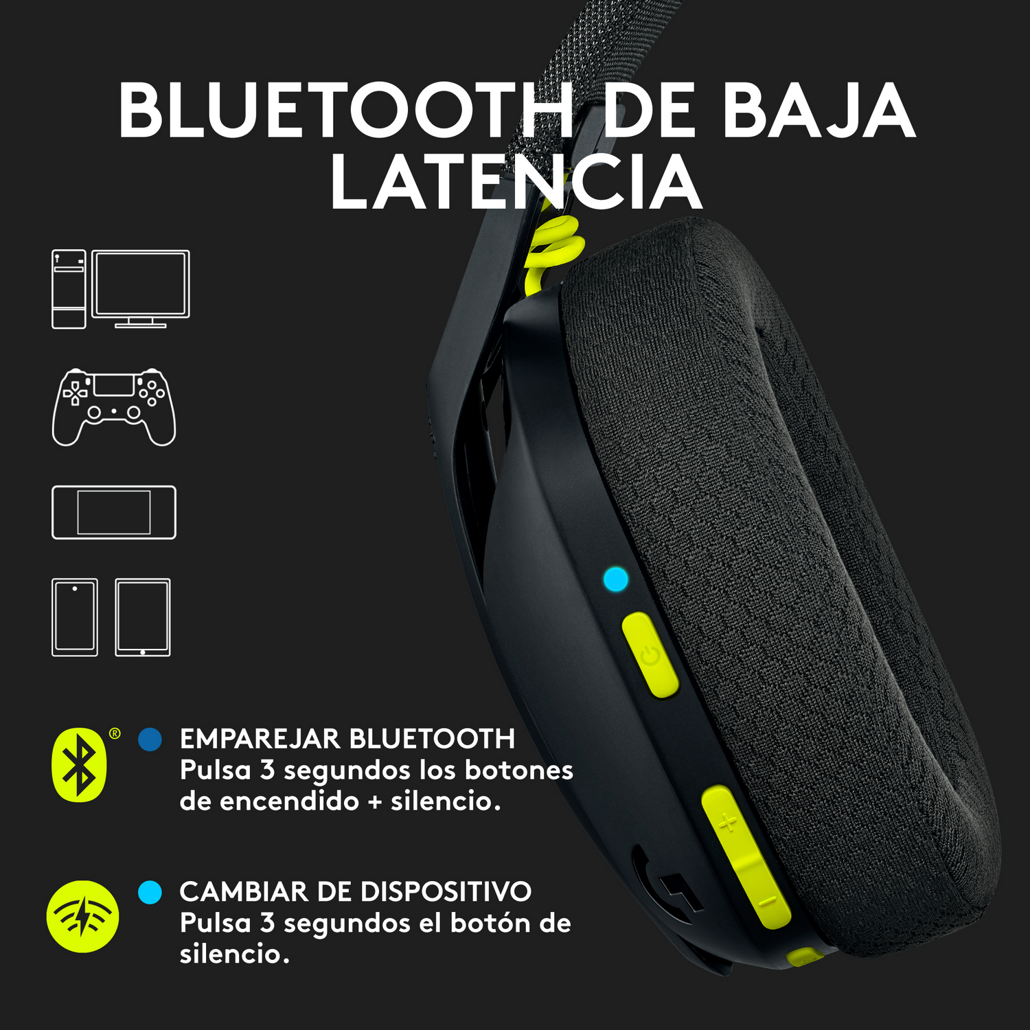 Auriculares inalámbricos negros y verdes con detalles de botones y diagrama.