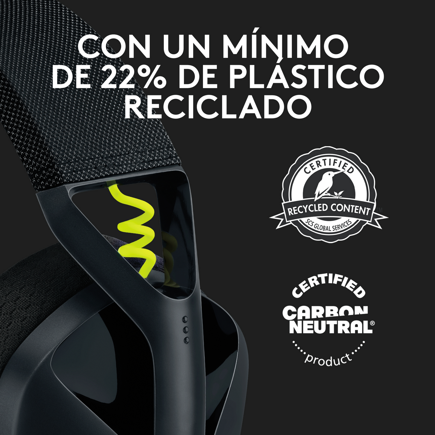 Auriculares negros con detalles amarillos y texto sobre plástico reciclado y neutralidad de carbono sobre fondo negro.