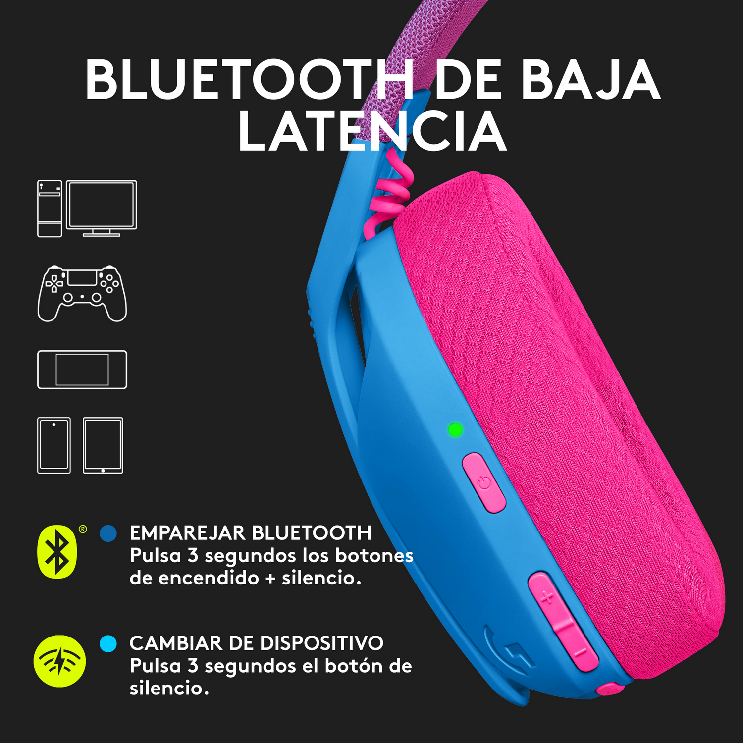 Auriculares inalámbricos azules y rosas con botones y puerto de carga, con infografías.