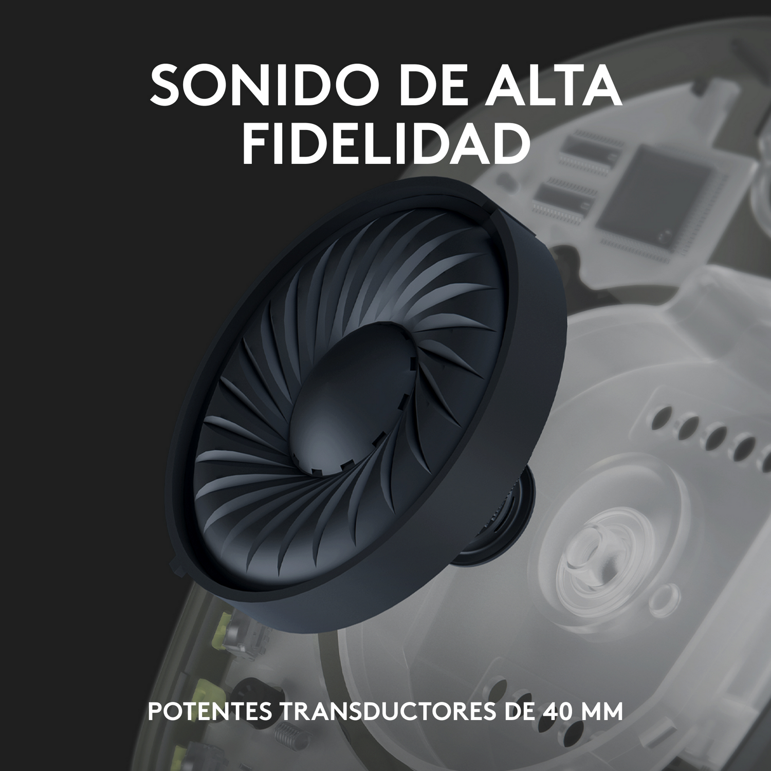 Altavoz negro con rejilla detallada, componentes internos transparentes y texto arriba.