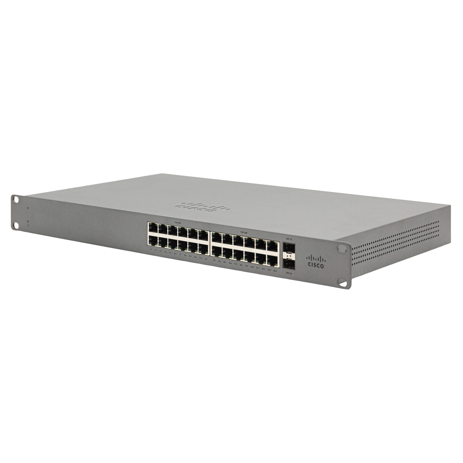 Un switch Cisco plateado, con múltiples puertos. Contra un fondo negro.