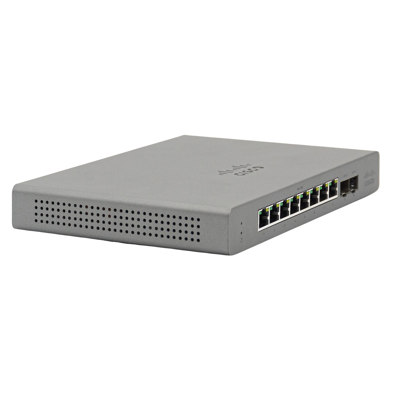 Un switch de red Cisco gris con múltiples puertos. Fondo negro.