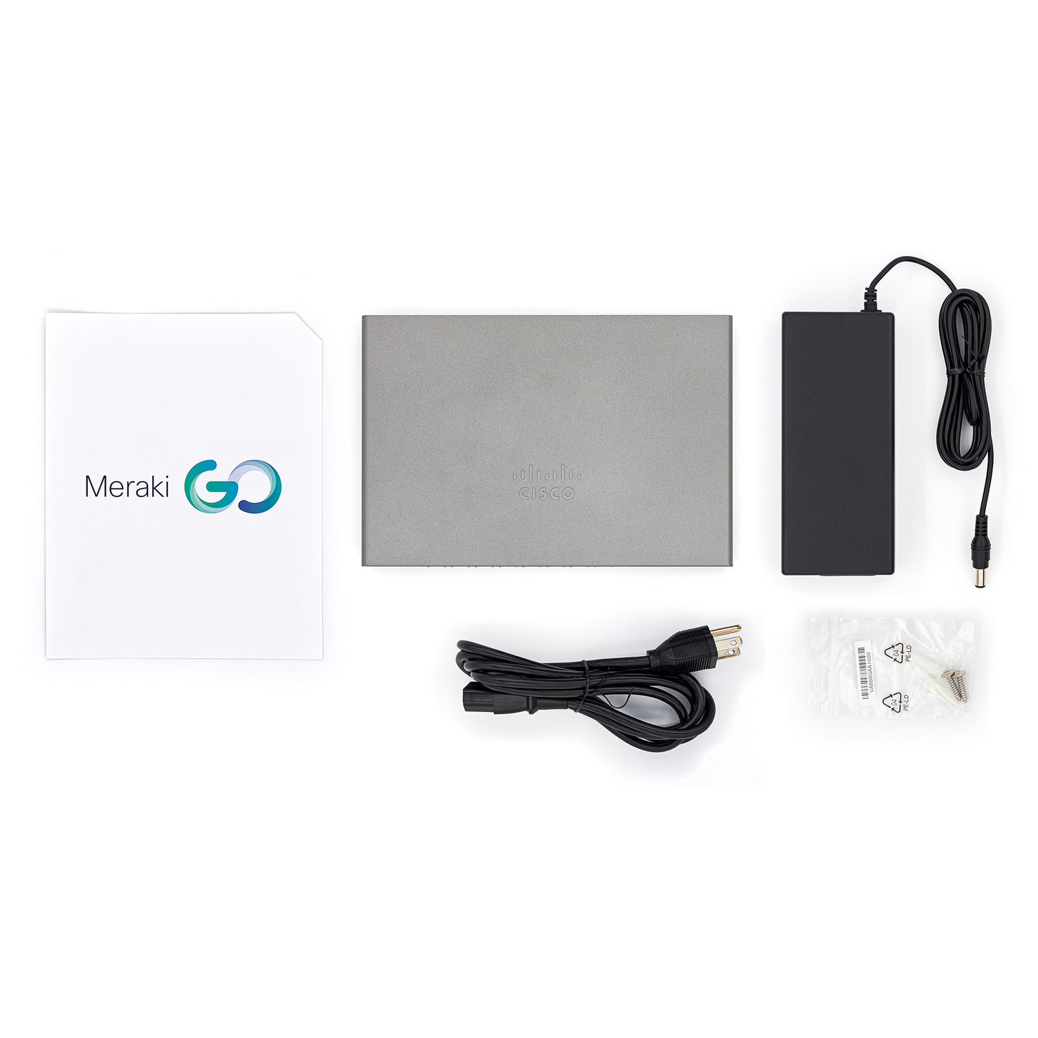 Conjunto de equipos de red Meraki GO: caja, switch, fuente de alimentación, cables y bolsa de accesorios pequeños.