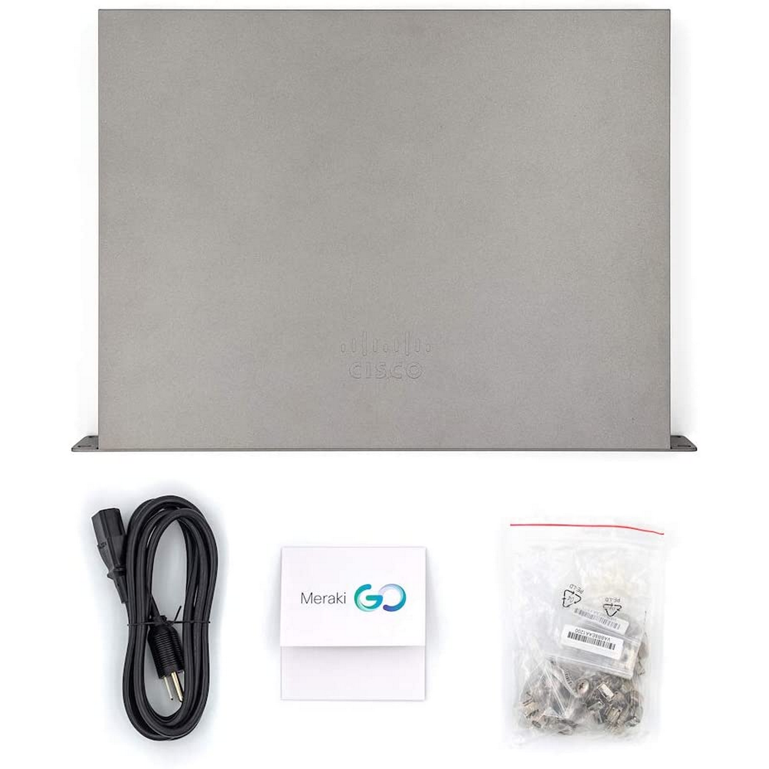 Vista superior de un dispositivo Cisco Meraki Go gris con accesorios.