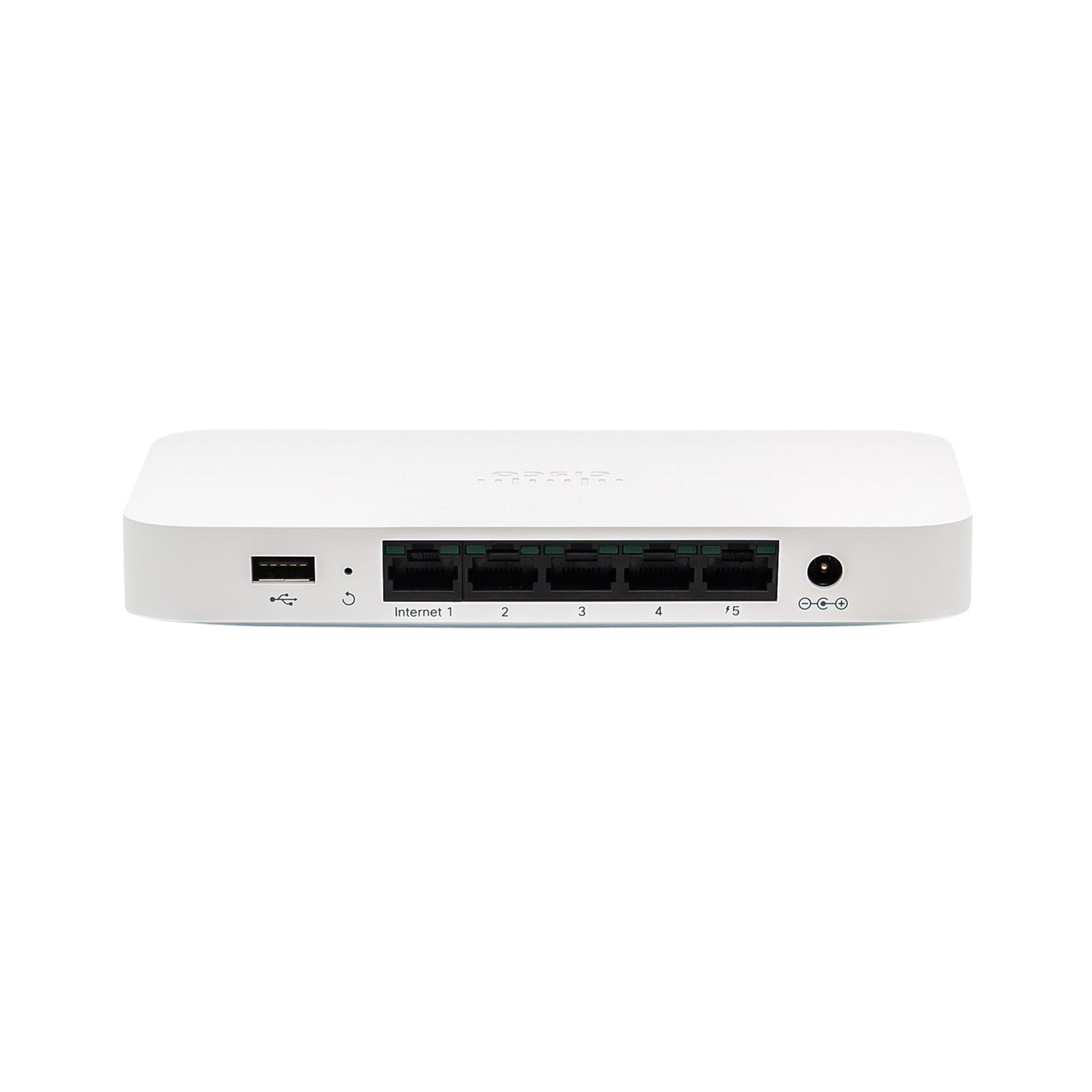 Enrutador blanco con cinco puertos numerados y un puerto USB, sobre un fondo negro.