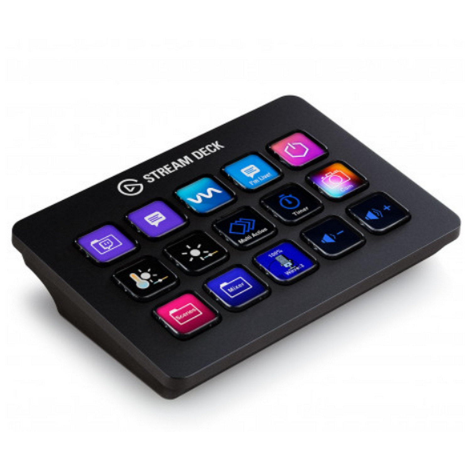 Stream Deck negro con múltiples botones LCD, fondo blanco.