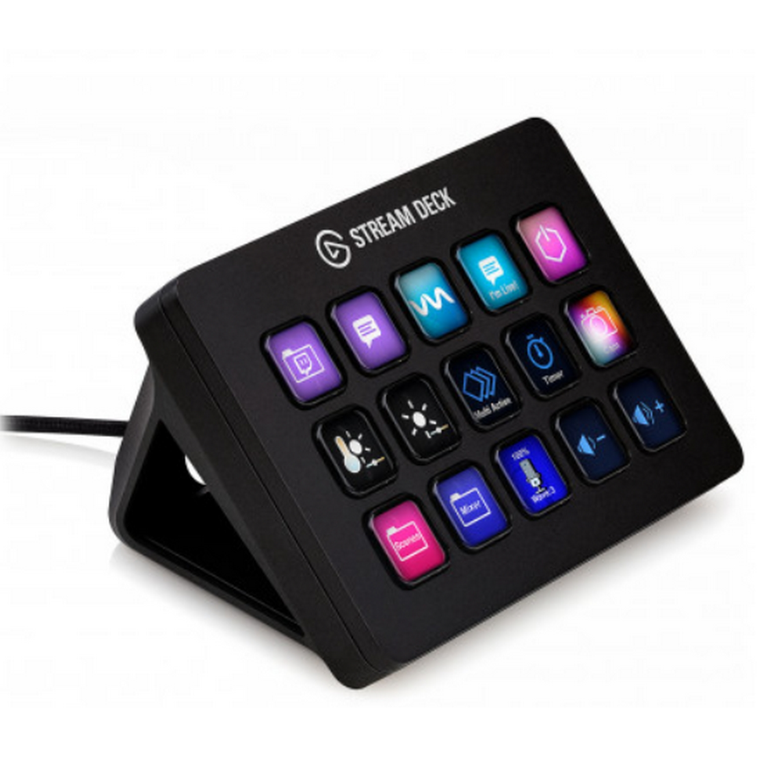 Stream Deck negro con botones de colores, toma en ángulo.