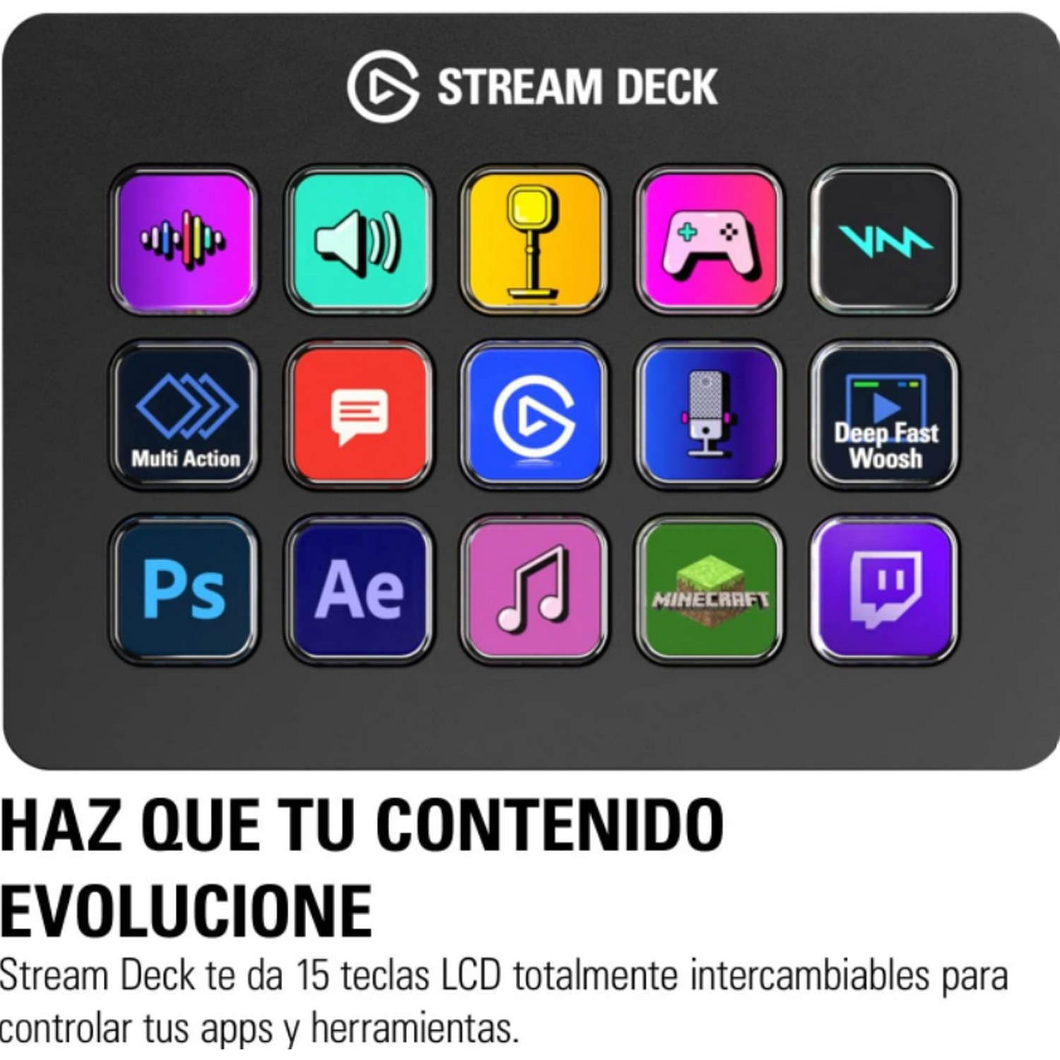 Stream Deck negro con 15 teclas LCD coloridas. Texto abajo en español.