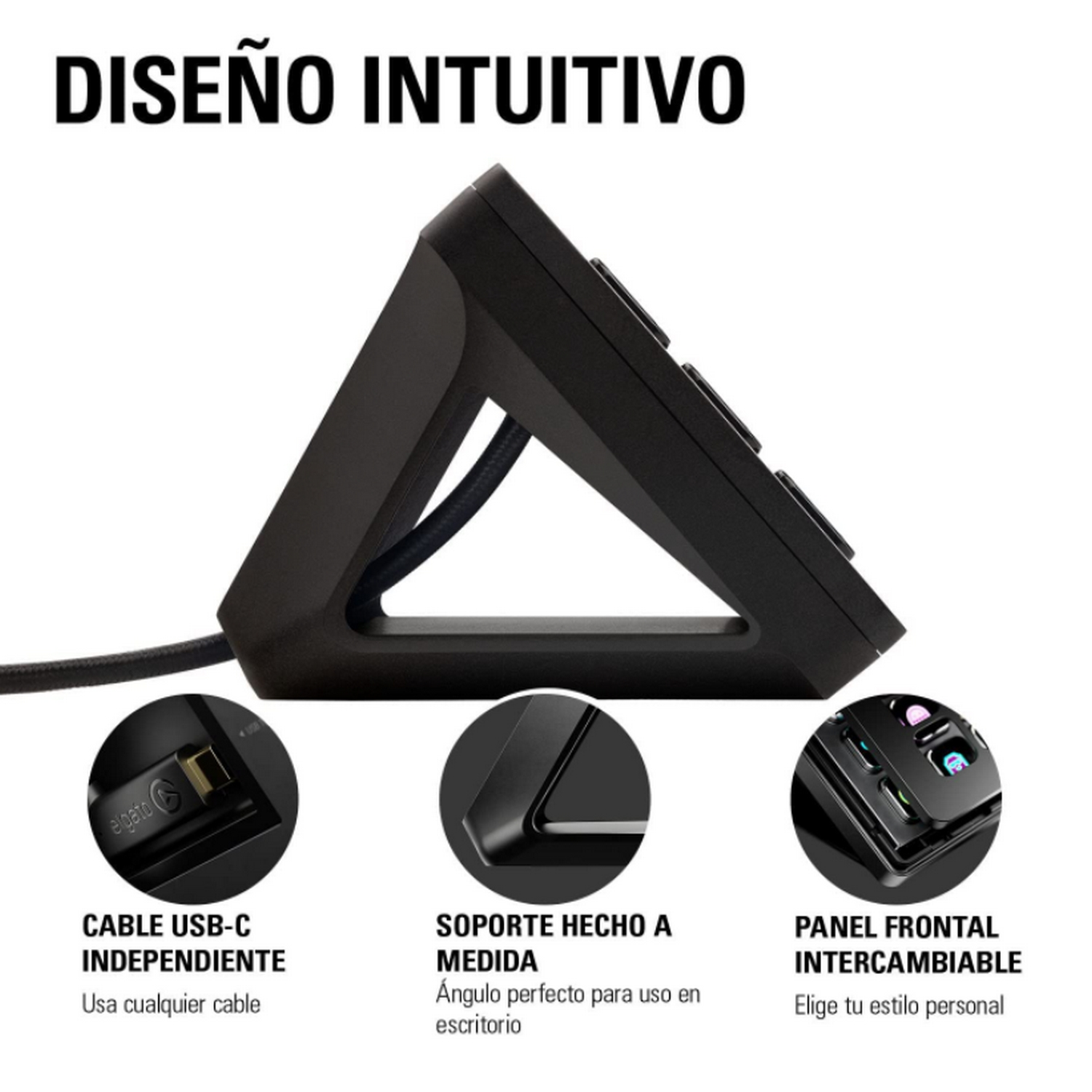 Elgato Stream Deck negro con botones y puerto USB-C. Muestra una vista en ángulo del dispositivo con un cable.