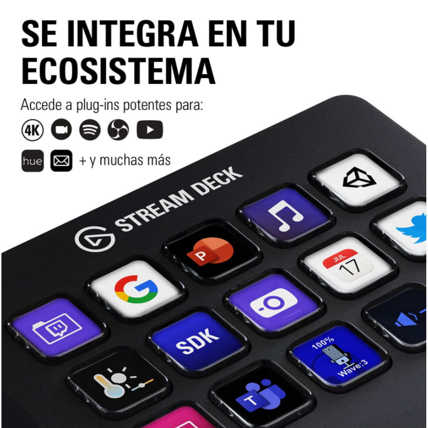 Un Stream Deck negro con varios iconos, anunciando la integración.