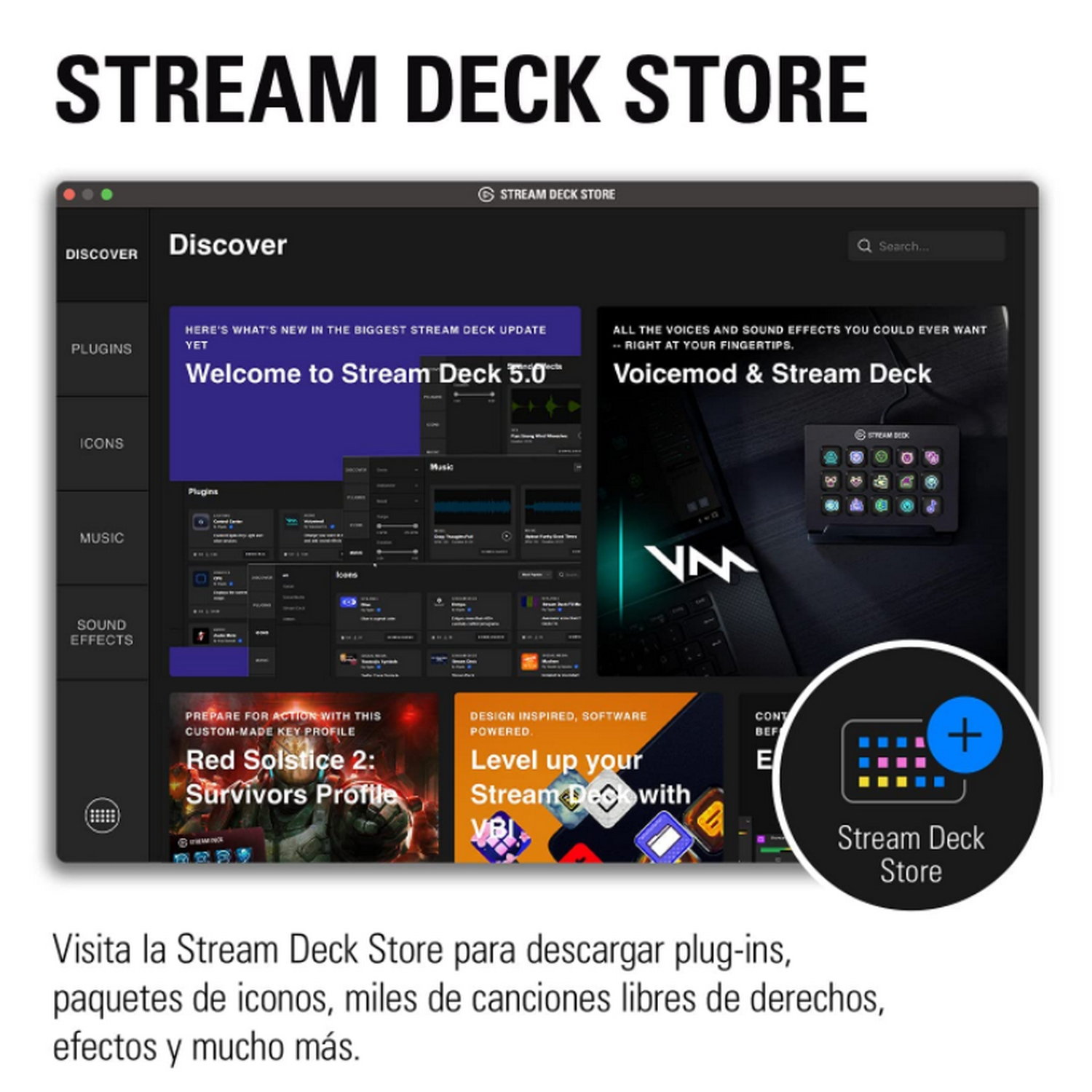 Captura de pantalla de la tienda Stream Deck, mostrando plugins e iconos.